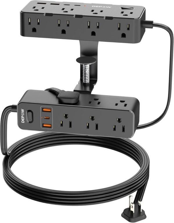 Dual Layer Desk Clamp Power Strip & Surge Protector: 17 Outlets + 7 USB (3 USB-C) Charging Station, Space-Saving Under Desk Organizer with 10ft Extension Cord, 1700J Protection (Black) 1 Clamp