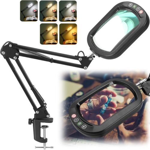 1 10X Rectangle Magnifying Glass with Light, 5 Color Modes Stepless Dimmable Magnifier with Stand, LED Lighted Clamp Desk Lamp with Swing Arm, Hands Free for Reading Painting Crafts Close Work