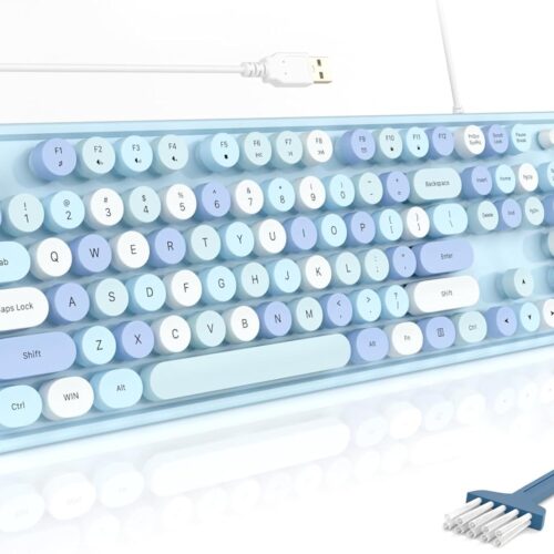 Computer Keyboards Wired, Plug Play USB Full Size Typewriter Keyboard, Cute Colorful Aesthetic Keyboard with Foldable Stands for Windows PC Laptop (Blue Colorful)