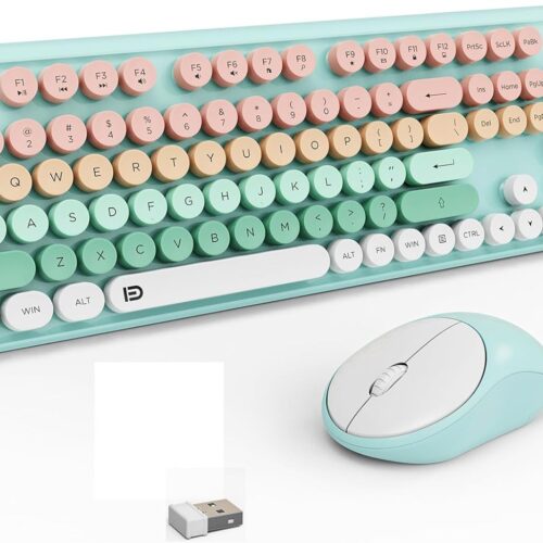 1 Wireless Keyboard and Mouse Set, 105 Round Keys Full-Size Cute Colorful Keyboard and Mouse with Retro Typewriter for PC/Mac/Laptop/Tablet/Computer/Windows Light Blue