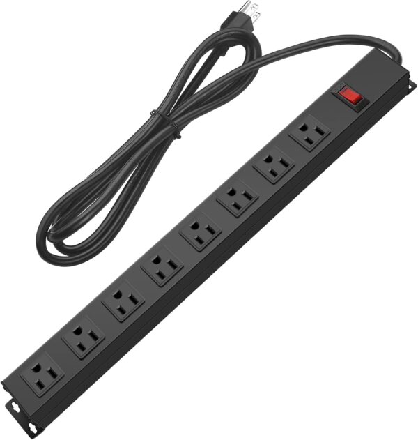 Metal 8 Outlet Mountable Power Strip, Wall Mount Outlet Heavy Duty, Wide Spaced Commercial Shop Power Strip with Switch, 15A 125V 1875W, 6 FT SJT 14AWG Power Cord.(Black) 1 Power Strip