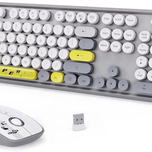 1 Wireless Keyboard Mouse Combo,Retro Typewriter Keyboard with Round Keycaps,2.4G Wireless Full Size Office Keyboard and Cute Mouse with 3 DPI for PC Mac Laptop Desktop Tablet Computer-Grey Colorful