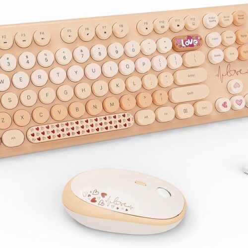 1 Wireless Keyboard and Mouse Combo - 2.4G Full-Sized Cute Colorful Retro Keyboard with Round Keycaps 104 Keys Typewriter Keyboard for Laptop/Windows/PC - Milk Tea Colorful