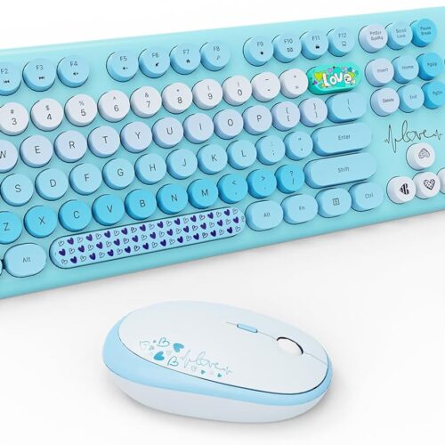 1 Wireless Keyboard and Mouse Combo - 2.4G Full-Sized Cute Colorful Retro Keyboard with Round Keycaps 104 Keys Typewriter Keyboard for Laptop/Windows/PC-Blue Colorful