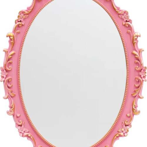 1 Vintage Decorative Pink Framed Mirror, Wall Hanging Mirrors & Tabletop Tray for Bedroom Living Room Dresser Decor, Oval- 9.6" W x 14.3" L (Pink)
