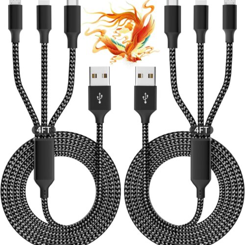 Multi Charging Cable(2Pack 4FT), 3 in 1 USB Charging Cable for Multiple Devices, Braided Universal Phone Charger Cord with Type-C, Micro USB, IP Port for iPhone16/15/14/Android Phones and More