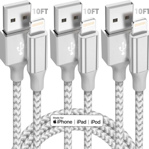 iPhone Charger [Apple MFi Certified] 3pack 10FT Long Lightning Cable Fast Charging High Speed Data Sync USB Cable Compatible iPhone 13/12/11 Pro Max/XS MAX/XR/XS/X/8/7/Plus/6S (Grey White)