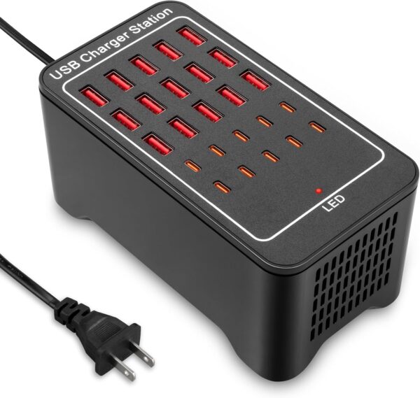 USB~C Charger Block, 125W(25A) 25 Port (15 USB A & 10 USB~C Port) Multiple Charging Station, Desktop Wall Charger Compatible with iPhone, iPad, Tablets, Smartphones 1 USB~C Charger