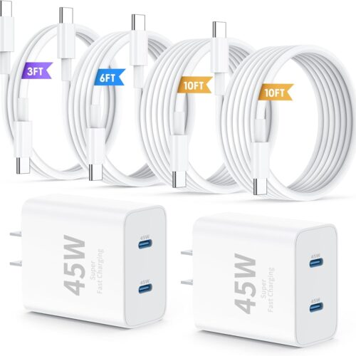 iPhone 16 15 Pro Max Charger Fast Charging,45W Dual Port USB C Fast Charger Block [2-Pack] & Extra Long 60W 3/6/10/10FT USB C Cable - PD Quick Adapter 3.0 for iPhone 16 15/16 15Pro/16 15 Plus.