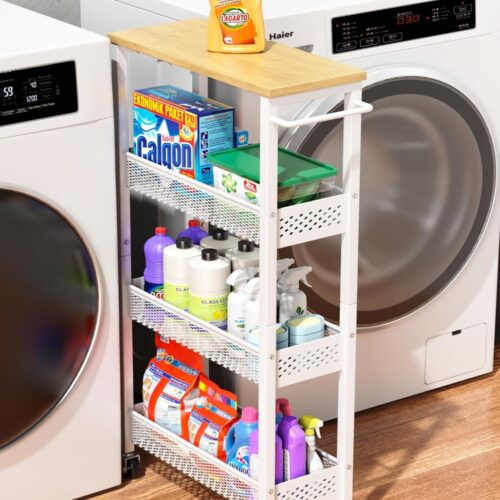 1 Utility Slim Storage Cart, 4 Tier Small Rolling Kitchen Laundry Room Cart with Wood Top, Metal Narrow Bathroom Storage Cabinet Mobile Shelf Unit Organizer Trolley with Handle for Narrow Space