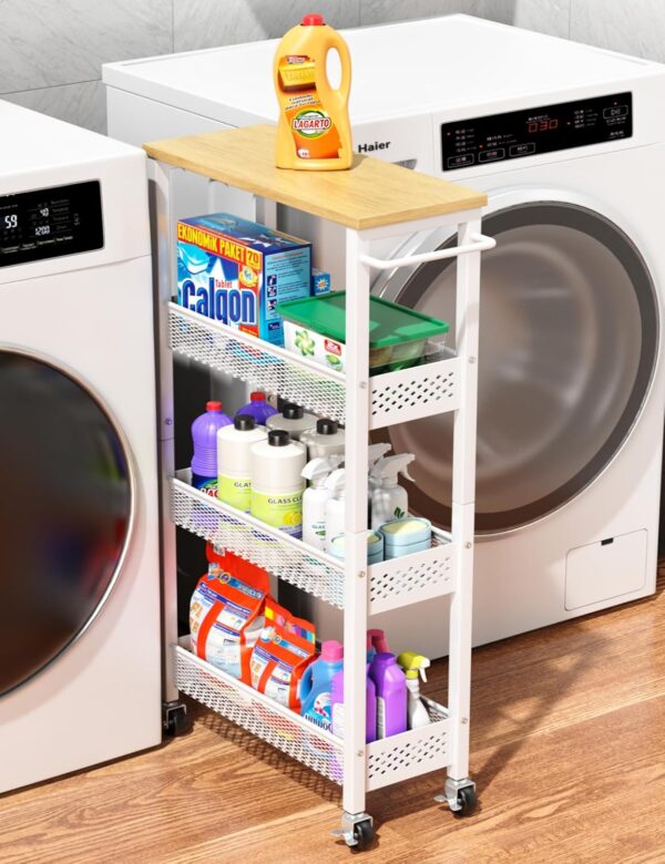 Utility Slim Storage Cart, 4 Tier Small Rolling Kitchen Laundry Room Cart with Wood Top, Metal Narrow Bathroom Storage Cabinet Mobile Shelf Unit Organizer Trolley with Handle for Narrow Space 1 Cart