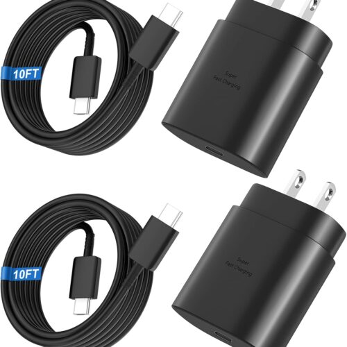 1 Super Fast Charger Type C, 25W USB C Wall Charger Fast Charging with 10FT Long Android Type C Charger Cable 2Pack