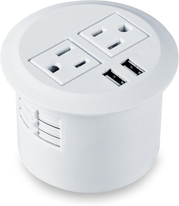 Desktop Power Grommet Power Outlet Socket Desk Data Center 2 Outlet with 2 USB Ports with 10 FT Extension Cord(White) 1 Power