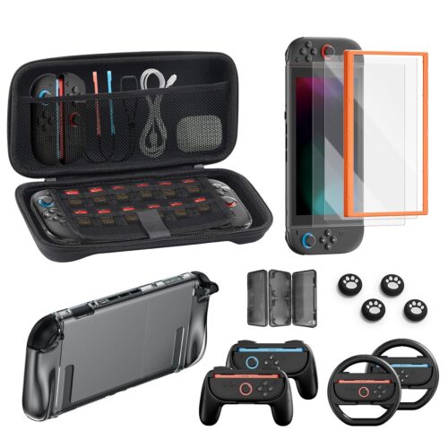 Switch 2 Accessories, Carrying Case & Screen Protector for Nintendo, 16-in-1 Game Bundle: Two Tempered Glass, Travel Dockable Shell, Grip for Joycon Controller, Console Protective Cover Steering Wheel