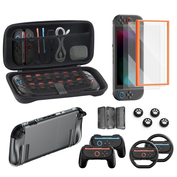 Switch 2 Accessories, Carrying Case & Screen Protector for Nintendo, 16-in-1 Game Bundle: Two Tempered Glass, Travel Dockable Shell, Grip for Joycon Controller, Console Protective Cover Steering Wheel 1 Accessories