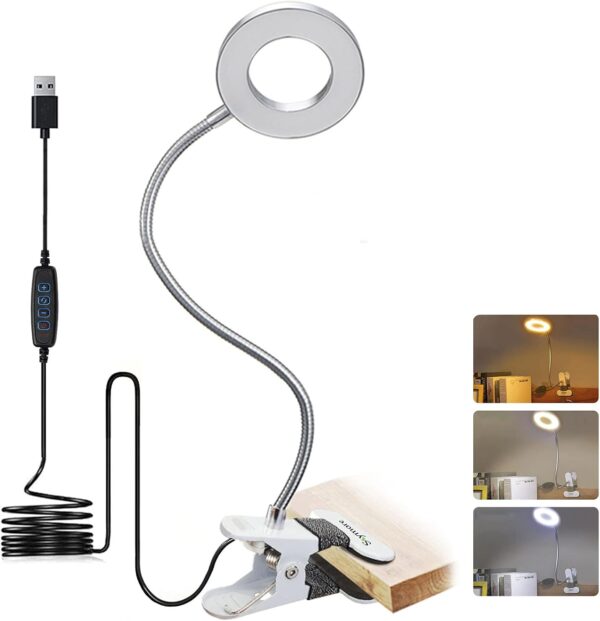 Clip on Light -3 Color Modes&10 Brightness LED Reading Desk Light with Clamp Flexible Gooseneck Book Light for Kids' Bedtime Reading, Zoom Meetings, Clip on Table, Headboard, Dorm&Office Use 1 Clip