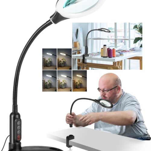 1 10X Magnifying Glass with Light and Stand, LED 5 Color Modes, Brightness Stepless Dimming Lighted Magnifier Hands Free, Flexible Gooseneck Desk Lamp with Clamp for Close Works, Crafts, Hobby, Painting