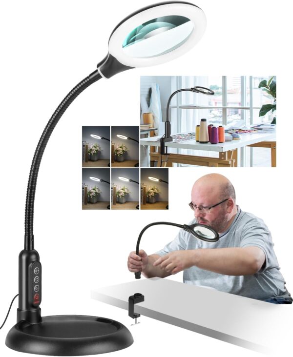 10X Magnifying Glass with Light and Stand, LED 5 Color Modes, Brightness Stepless Dimming Lighted Magnifier Hands Free, Flexible Gooseneck Desk Lamp with Clamp for Close Works, Crafts, Hobby, Painting 1 Desk Lamp