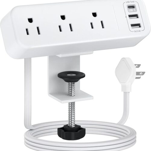 1 3 Outlet Desk Clamp Power Strip with USB C, White Flat Plug Desktop Edge Power Strip, Desk Mount Clamp Socket Connect 6.5 ft Thin Extension Cord for 1.6 inch Tables.