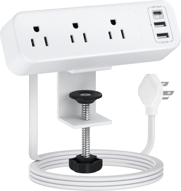 3 Outlet Desk Clamp Power Strip with USB C, White Flat Plug Desktop Edge Power Strip, Desk Mount Clamp Socket Connect 6.5 ft Thin Extension Cord for 1.6 inch Tables. 1 Desk Clamp Power Strip
