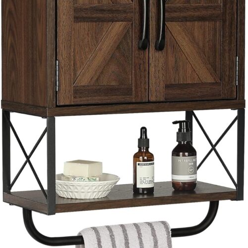 Farmhouse Rustic Medicine Cabinet with Two Barn Door,Wood Wall Mounted Storage Cabinet with Adjustable Shelf and Towel Bar, 3-Tier Cabinet for Bathroom(Dark Walnut)