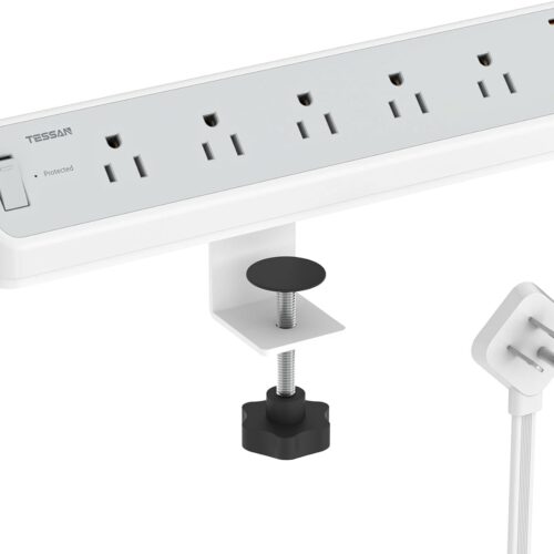 1 Desk Clamp Power Strip 10 Ft, TESSAN 2100J Surge Protector Desk Charging Station, 5 Outlets with 4 USB Ports (2 USB C), Flat Plug Extension Cord with Multiple Outlets for Gaming Home Office Dorm Room