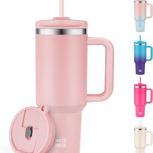 40oz Tumbler with Handle and Lid | 100% Leakproof Insulated Stainless Steel Travel Mug | Keeps Cold 34Hrs/Hot 10Hrs | Dishwasher Safe, Fits Car Cup Holder (Blush Color)