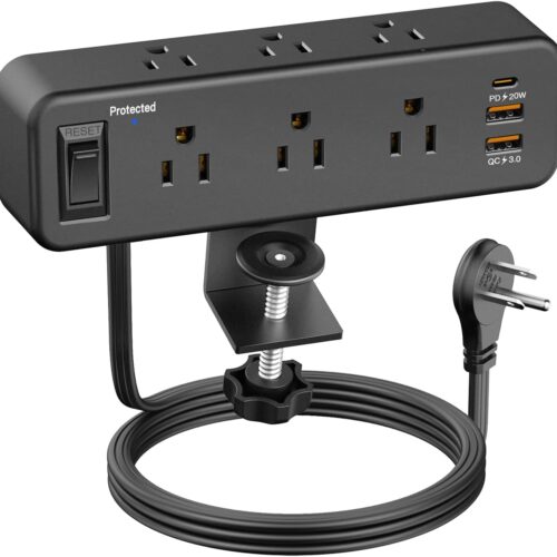 1 Desk Clamp Power Strip with PD 20W USB C, Desktop Edge Mount Surge Protector with 6 Outlet, Table Edge Socket with Switch, 6 ft Flat Plug Slim Extension Cord, Fit 1.8 inch Tabletop Thick