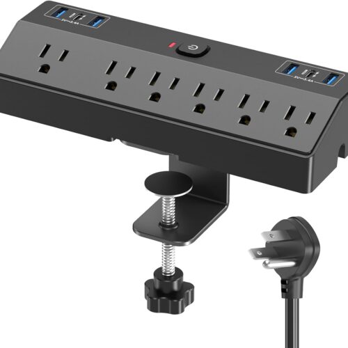Desk Clamp Power Strip with 40W Fast Charging Station, JXGUCAT 10ft Flat Plug Power Strip Surge Protector, 2 USB-C Ports, 6 AC Outlets, Fit 2.48" Tabletop Edge, Home Office Desk Accessories Essentials