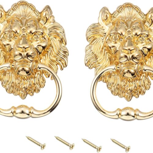 2 Pcs Lion Head Pulls Knob, 6 Inch Zinc Alloy Vintage Lion Door Handle Decorative Front Door Knob Ring Pull Handle for Gate Cabinets Drawers, Gold