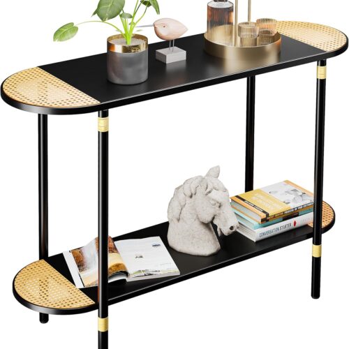 Black Metal Console Table with Rattan Decor