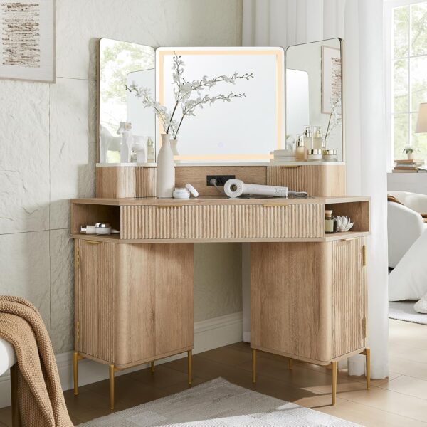 48'' Fluted Makeup Vanity Desk with HD Triple Mirror and Lights 1