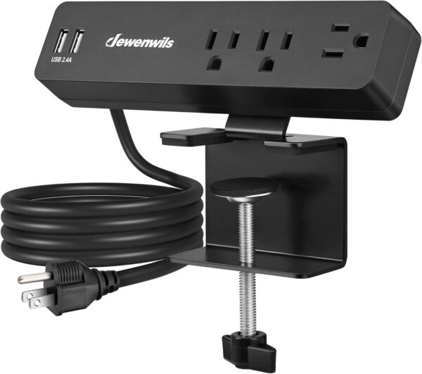 Desk Clamp Power Strip, Desktop Power Station with 3 AC Outlets(15A/1800W), 2 USB Ports, Desk Mount Power Outlet for Home, Office, 6Ft 14/3C SJT Extension Cord 1 Clamp