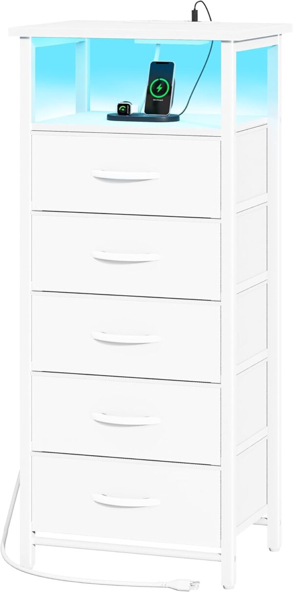 5 Drawers Dresser for Bedroom, Tall Nightstand with Charging Station, Fabric Dresser for Closet with Storage Shelf, Vertical Dressers Chest LED Night Stand, Bedside Table for Dorm Living Room 1 Nightstand