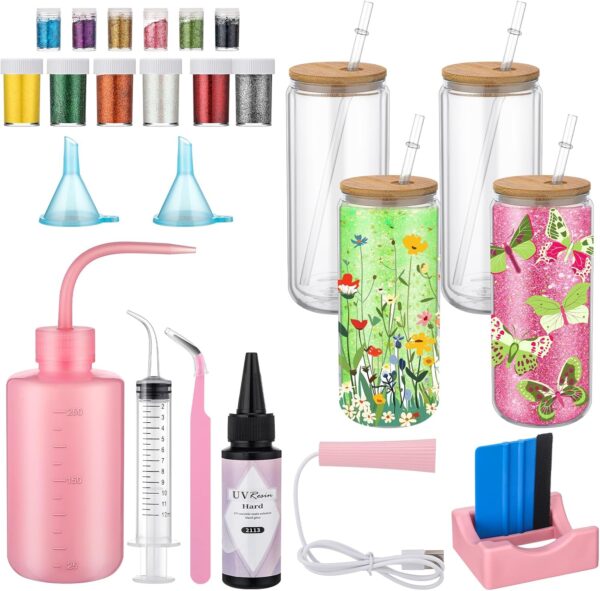 4 Pack Snow Globe Tumbler Supplies Kit 16oz DIY Pre Drilled Double Wall Glass Cup 12 Colors Glitter Squeeze Bottle Funnel Tweezer Bent Syringe UV Resin Flashlight Cup Holder Scraper(Log Color) 3 Tumbler