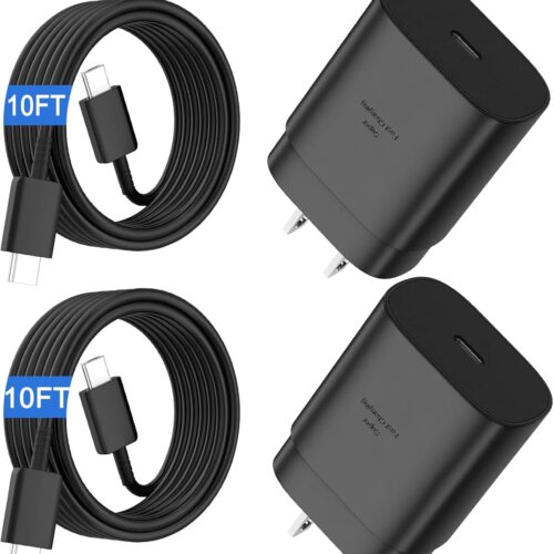 1 S25 S24 S23 S22 Ultra Samsung Charger Fast Charging,25W Android Phone Charger Cord Type C Block & Super Fast Charger USB C Cable 10Ft for Samsung Galaxy S25/S24/S23/S22/S21/S20/Plus/Ultra/FE,2 Pack