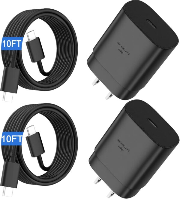 S25 S24 S23 S22 Ultra Samsung Charger Fast Charging,25W Android Phone Charger Cord Type C Block & Super Fast Charger USB C Cable 10Ft for Samsung Galaxy S25/S24/S23/S22/S21/S20/Plus/Ultra/FE,2 Pack 1 Charger