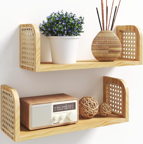 Rattan Shelf Set of 2, Cute Nursery Shelves Wall Mounted, Natural Hanging Bookshelf Storage, Boho Decorative Floating Shelves for Kids Room, Living Room, Play Room, Bedroom, Home Decor 1 Shelf
