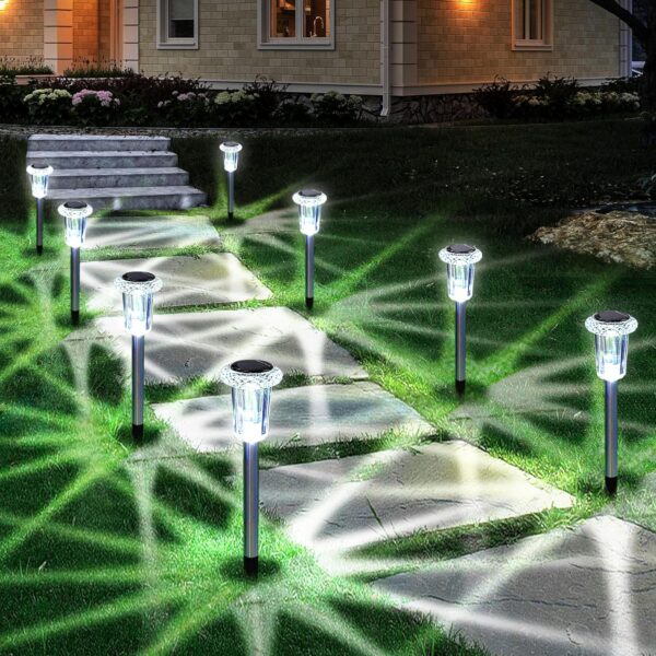 Solar Outdoor Lights, 10 Pack Waterproof Stainless Steel Solar Stake Lights for Pathway Garden Yard Path Walkway Driveway Lawn Patio Outside Decor, Cool White 1