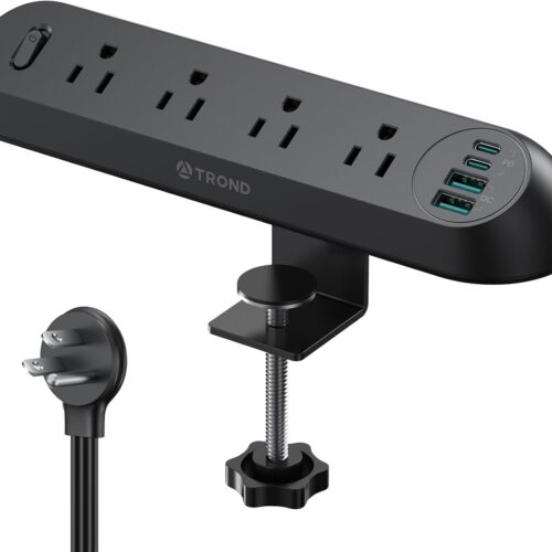 Desk Clamp Power Strip USB C PD 20W- Surge Protector with 4 AC Outlets 4 USB Ports, Flat Plug 6ft Extension Cord, 1700J, ETL Listed, Fits 1.97 inch Tabletop Edge, for Home Office, Black