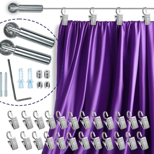1 Adjustable Indoor Outdoor Wire Curtain Rod Room Divider Hanging System with 24 Clips Wire Hanging System, for Tapestry, Clothesline Clothes Hanger Kids Craft Art Decoration on Walls