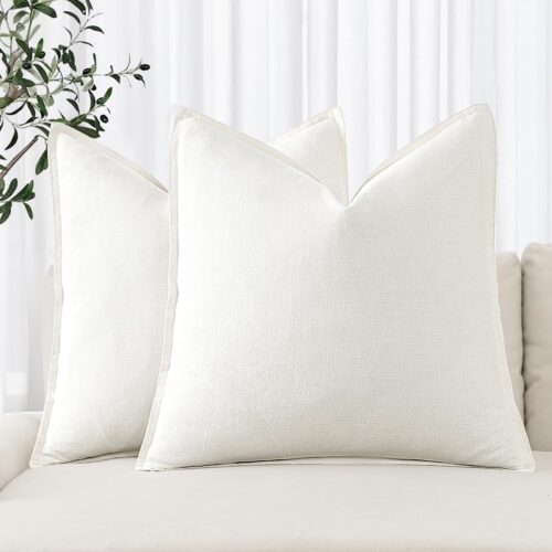 Decorative Linen Euro Sham Pillow Covers 24x24 Cream White ​Boho Farmhouse​ ​Neutral Couch Throw Pillows for Bed Pack of 2 Accent Modern Pillowcase Sofa Livingroom Home Decor
