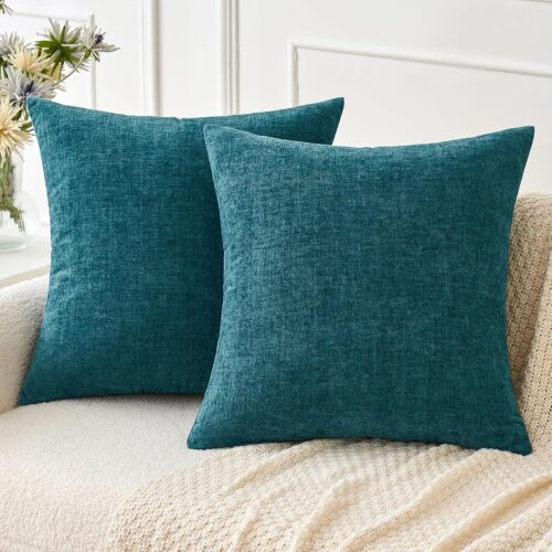 Pack of 2 Dark Teal Throw Pillow Covers 18x18 Inch Soft Chenille Pillow Covers for Sofa Living Room Couch Solid Dyed Cases