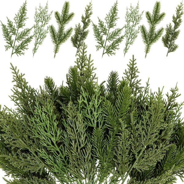 40 Pcs Artificial Pine Branches Assorted Faux Pine Stems Cedar Leaves Needle Sprigs Plastic Fake Christmas Greenery Pine Picks for Xmas Tree Wreaths Garlands DIY Accessories Home Decor (40, Green) 1 Pine