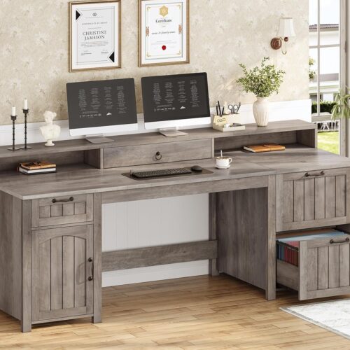 Farmhouse 63" Executive Desk, Wood Computer Desk with Drawers and Storage Cabinet, Home Office Desk with File Drawer and Monitor Stand, Wood Desk for Work Study Writing, Grey