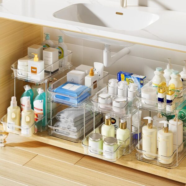 4 Pack Bathroom Organizers and Storage, 2 Tier Clear Under Sink Organizer, Pull Out Medicine Cabinet Organizer 1 Organizers
