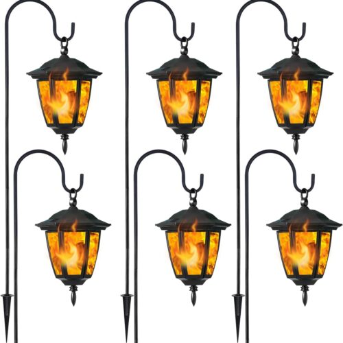 6 Pack Solar Flame Hanging Lights Outdoor, Solar Flickering Flame LED Garden Lanterns with 6 x 38 Inch Shepherd Hooks, Landscape Lighting Waterproof for Lawn Patio Yard Pathway Driveway