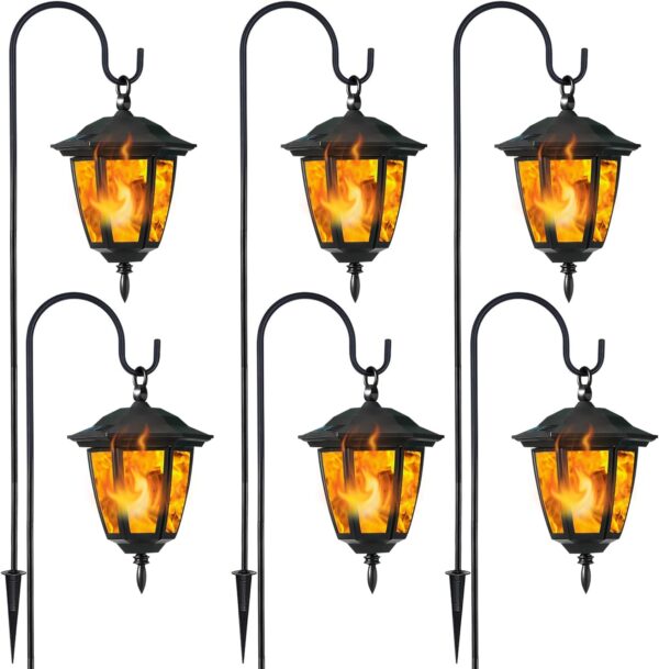 6 Pack Solar Flame Hanging Lights Outdoor, Solar Flickering Flame LED Garden Lanterns with 6 x 38 Inch Shepherd Hooks, Landscape Lighting Waterproof for Lawn Patio Yard Pathway Driveway 1 Lanterns