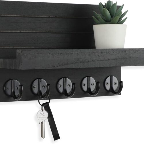 Key Holder for Wall, Decorative Key and Mail Holder with Shelf Has Large Hooks for Bags, Coats, Umbrella – Paulownia Wood Key Hanger with Mounting Hardware (9.8”W x 6.7”H x 4.2”D)