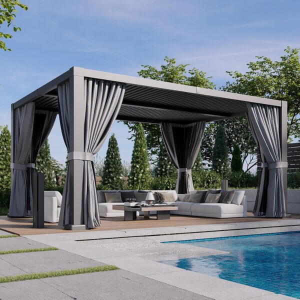 Louvered Pergola 12' x 16' Outdoor Aluminum Pergola Adjustable Roof, with Waterproof Curtains and Nets, for Decks, Gardens, Gray 1 Pergola